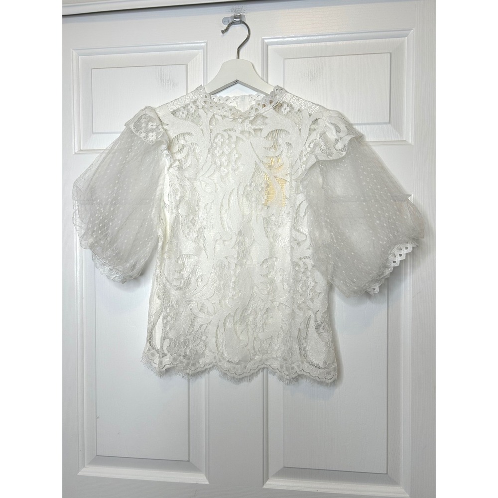 Peach Lace Blouse XL White‎ New Floral Puff Sleeve Romantic
